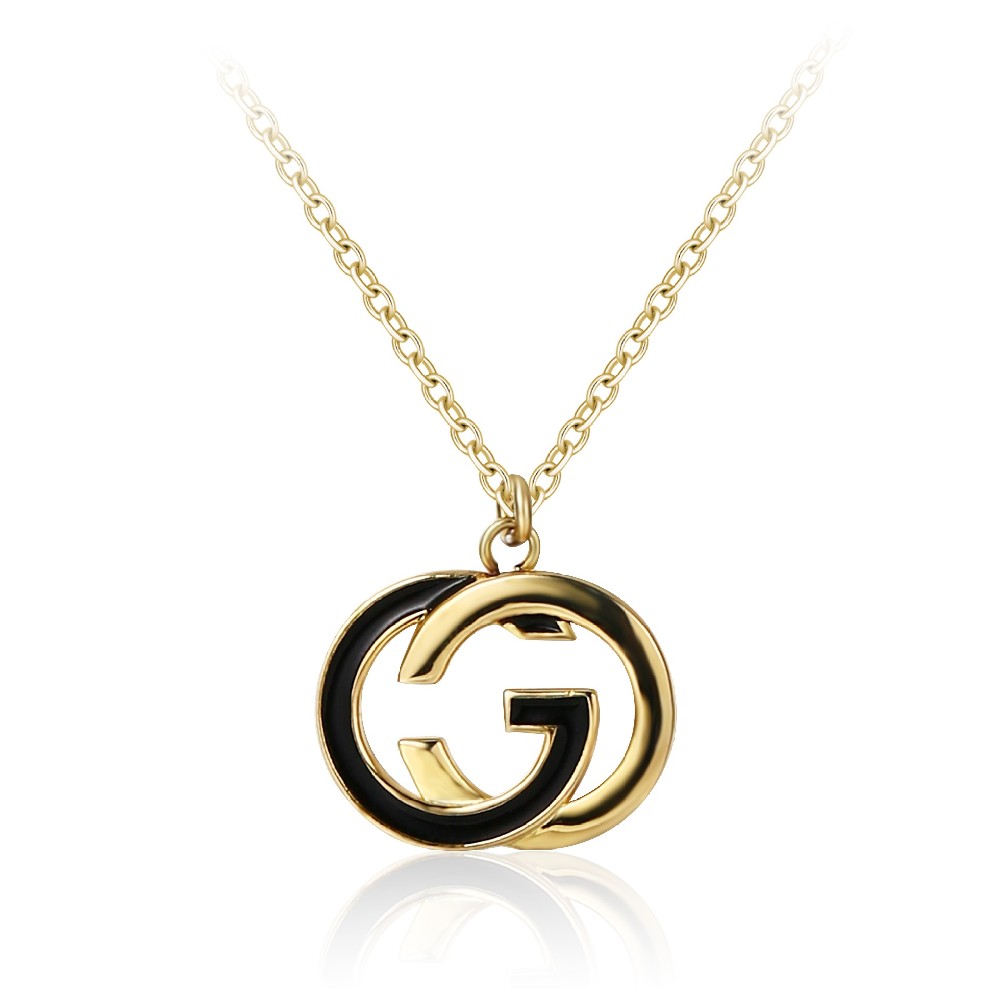 Black Enamel 14K Gold Plated Color 925 Sterling Silver CG Letter Necklace for Women FM022940N
