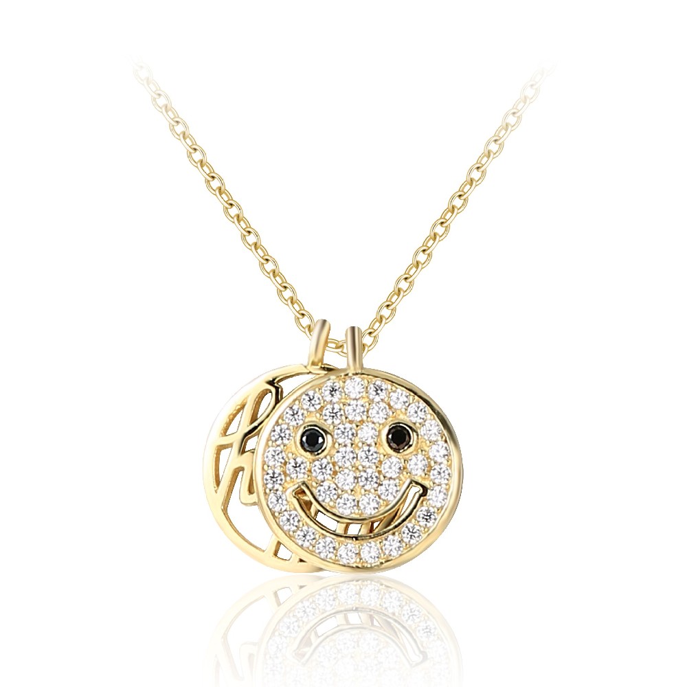 S925 14K Gold Plated CZ Double Pendant Happy Smiley Face Necklace FM022956N