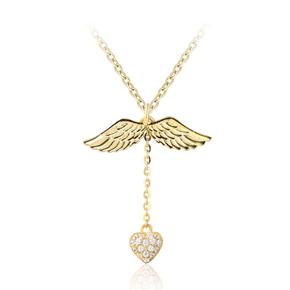 Fashion Gold Plated Color 925 Sterling Silver Angel Wings Zirconia Paved Heart Pendant Necklace for Women FM022957N
