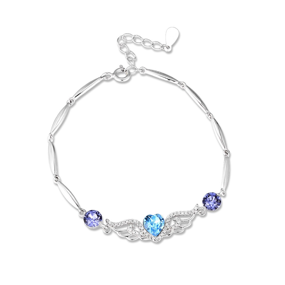 Elegant Purple Color Zircon Light Blue Heart Wings Bracelet for Women FM022829H