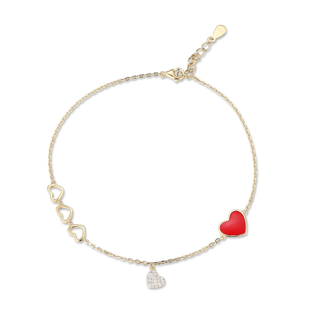 925 Silver Gold Plated Red Heart Cubic Zirconia Bracelet for Girls Ladies Women FM022830H