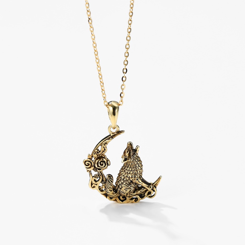 Wolf Moon and Rose 925 Sterling Silver Retro Gold Plated Pendant Necklace for Women FM022937N002