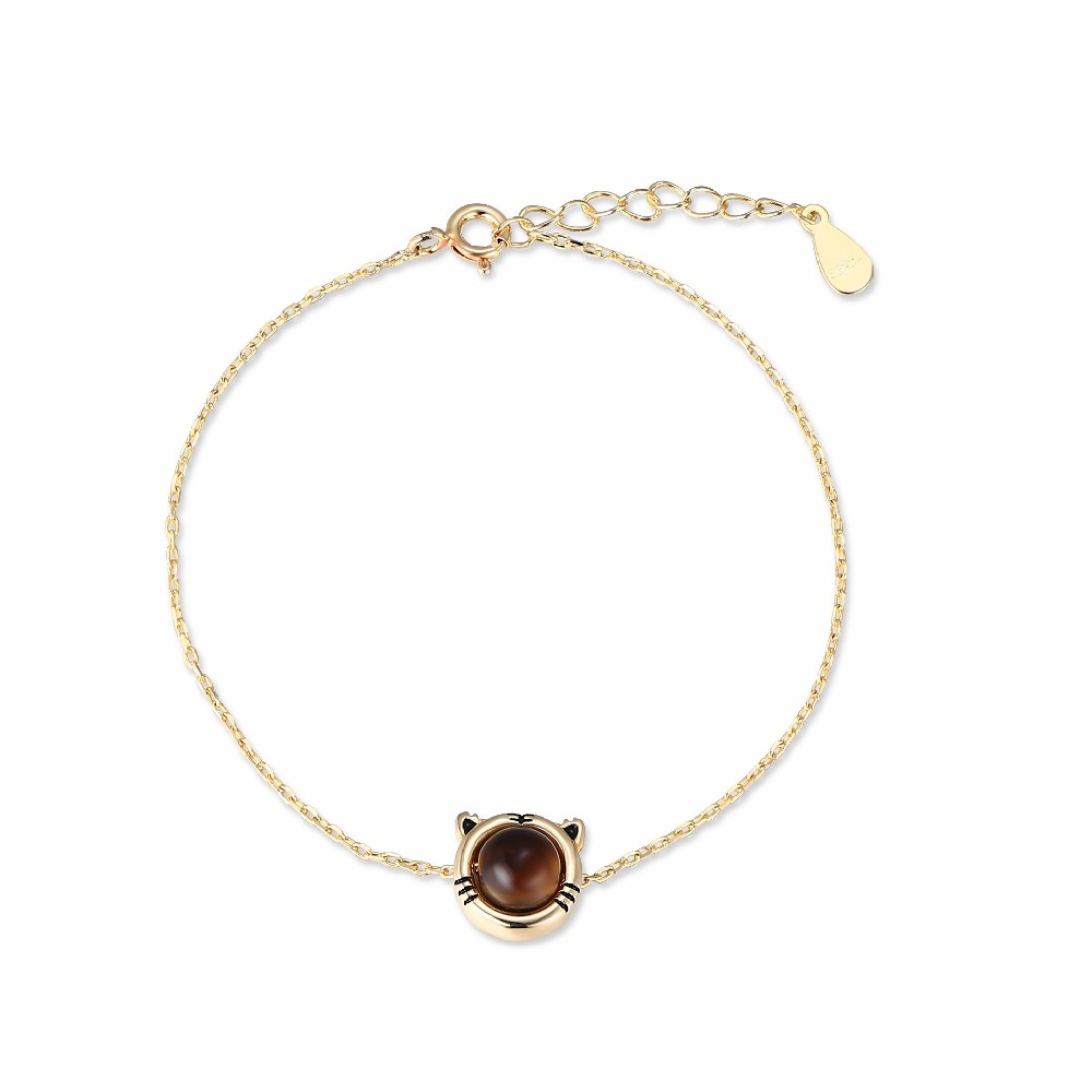Fashion 14k Gold Plated Color 925 Silver Bead Cute Cat Bracelet for Women Ladies Girls FM022832H