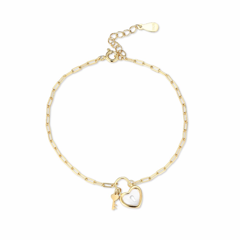 Trendy Gold Plated Silver 925 Sterling Bracelet with Heart & Lock Charms FM022834H