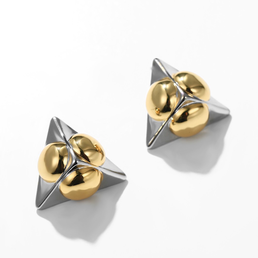 Triangular Pyramid Elements Collide Metallic Brass Metal Stud Earrings FJ026855E