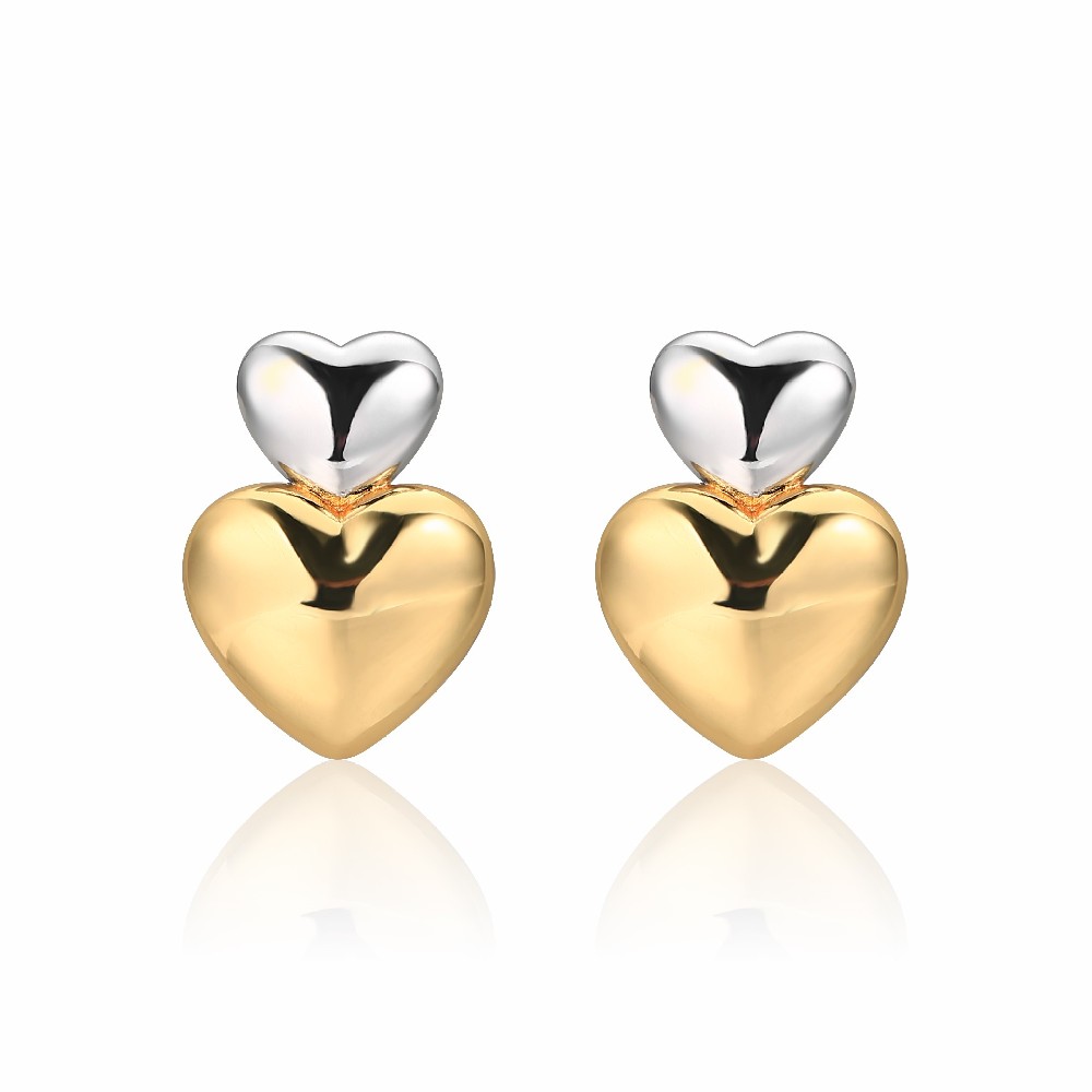 Dainty Two Tone Metal Brass Heart Stud Earrings FJ026858E