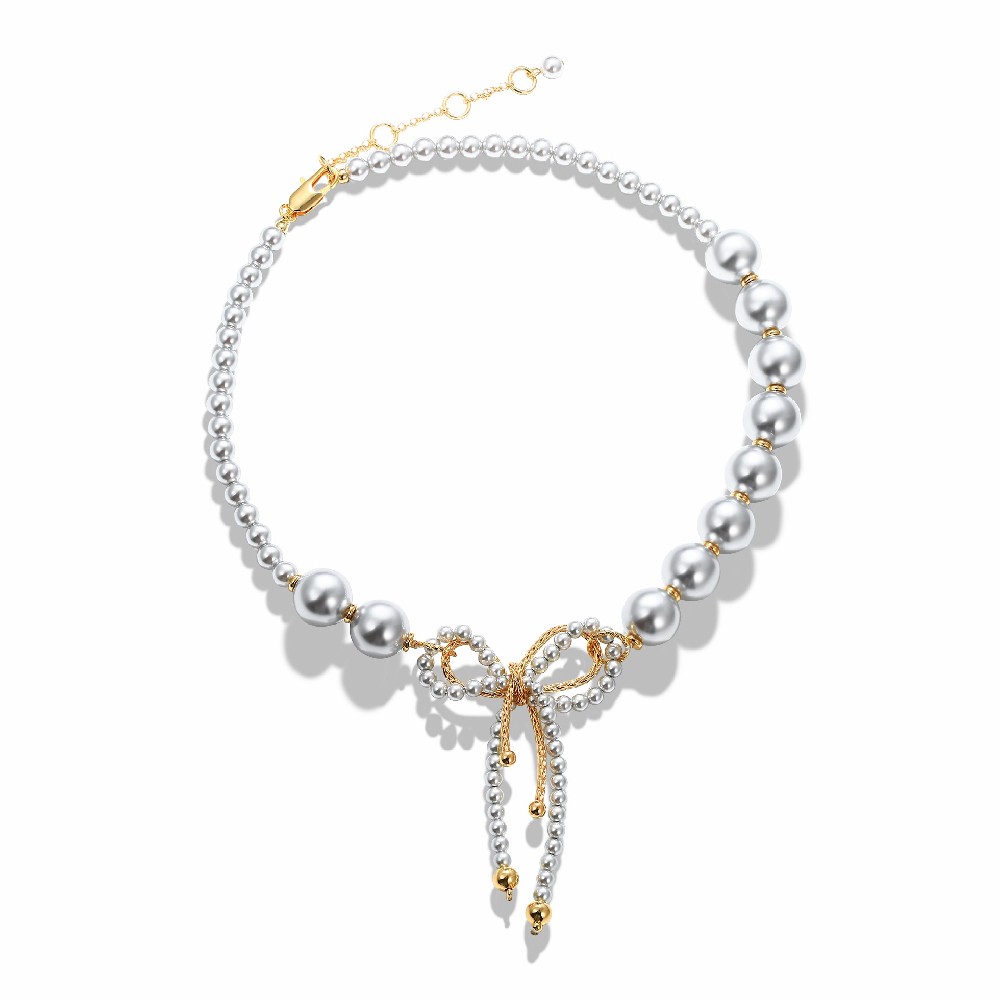 Fashion Jewelry Design Imitation Pearl Brass Bow Statement Necklace FJ026866N