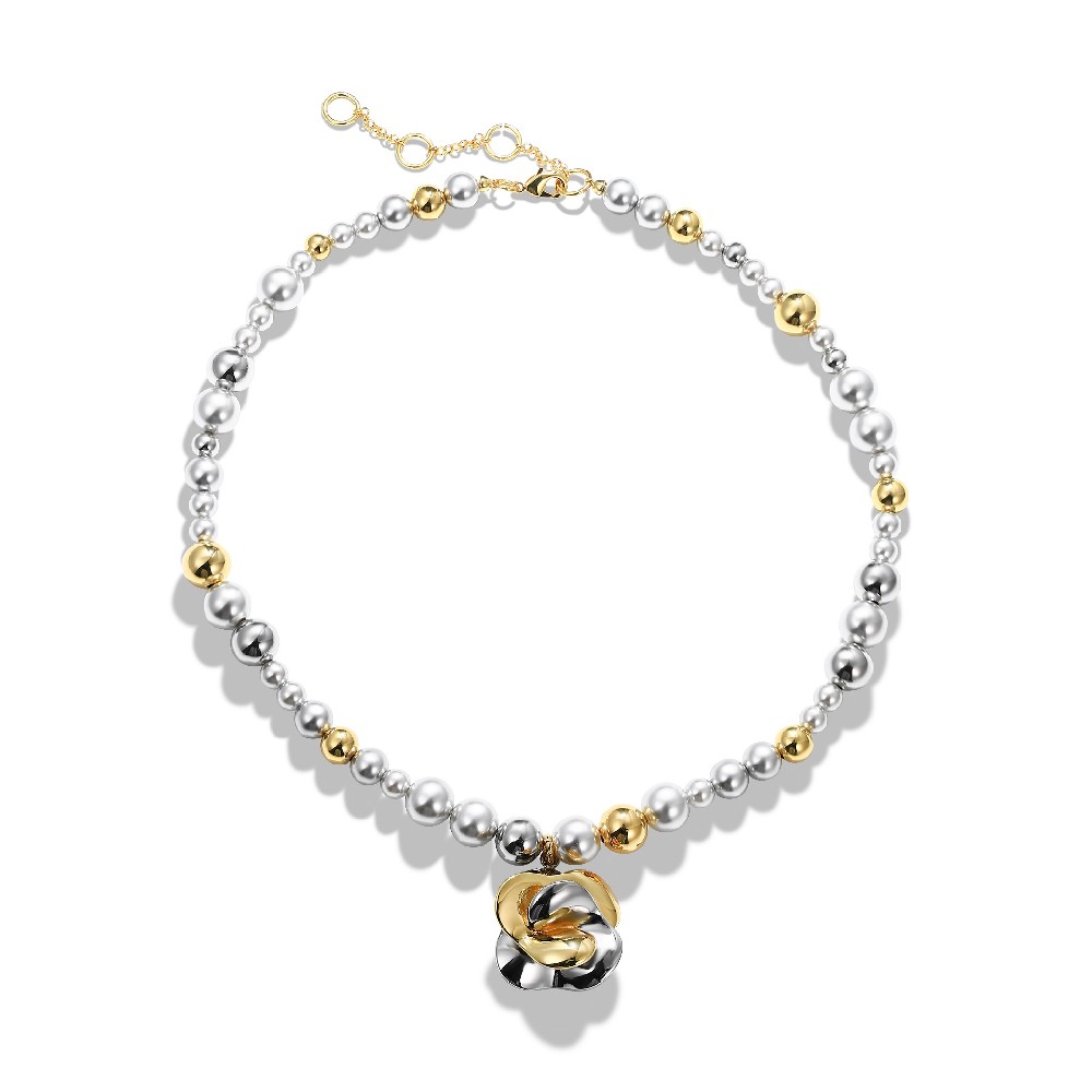 Two Tone Plated Color Brass Ball Bead Imitation Pearl Flower Pendant Necklace FJ026868N