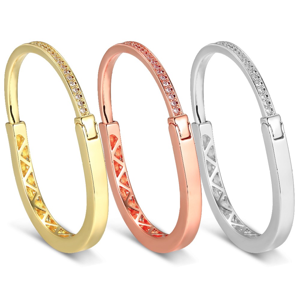 Trendy Gold Plated Handcuff Sterling Silver Cubic Zirconia Bangle for Women FJ026898H