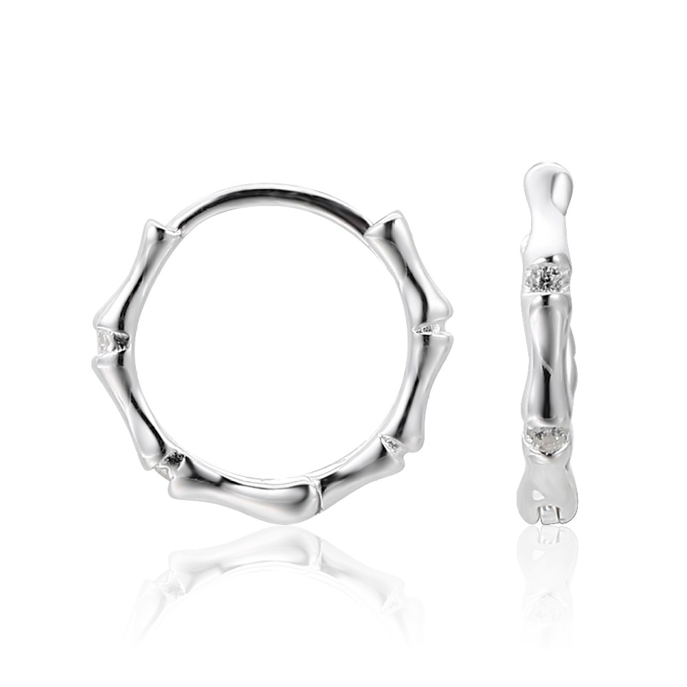 Simple Design Cubic Zirconia Silver Plated Color Sterling 925 Bamboo Hoop Earrings FM023072E