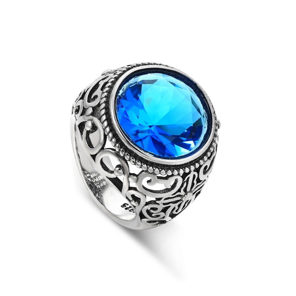 Vintage 925 Sterling Silver Round Blue CZ Cocktail Men's Ring FJ026225R