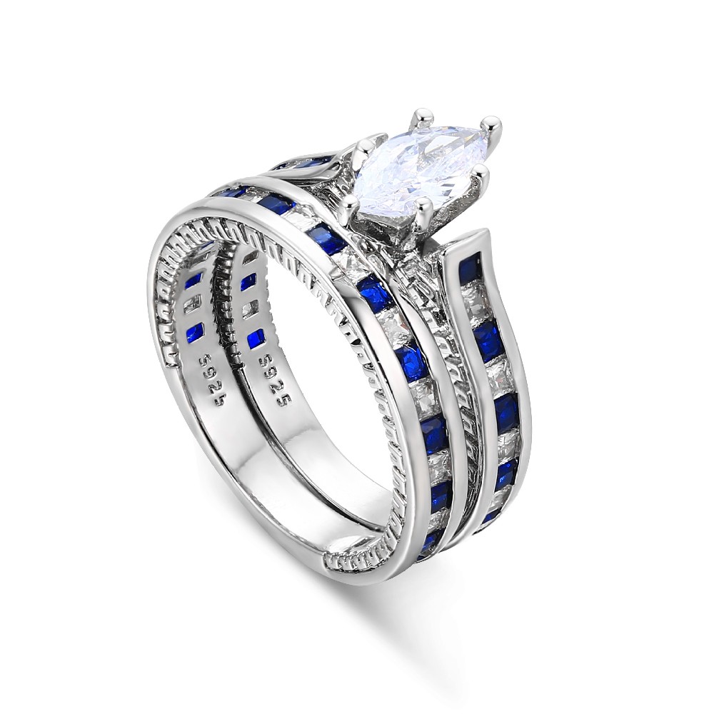 925 Sterling Silver Blue Cubic Zirconia Stone Couple Wedding Ring Set FJ026248R