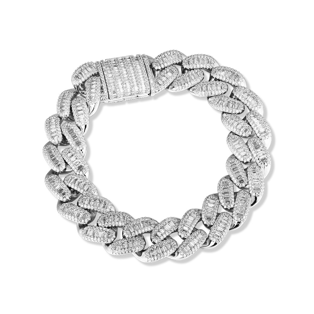 Baguette Cubic Zircon 15MM 8 Inches Rhodium Plated Cuban Chain Bracelet FJ026904H