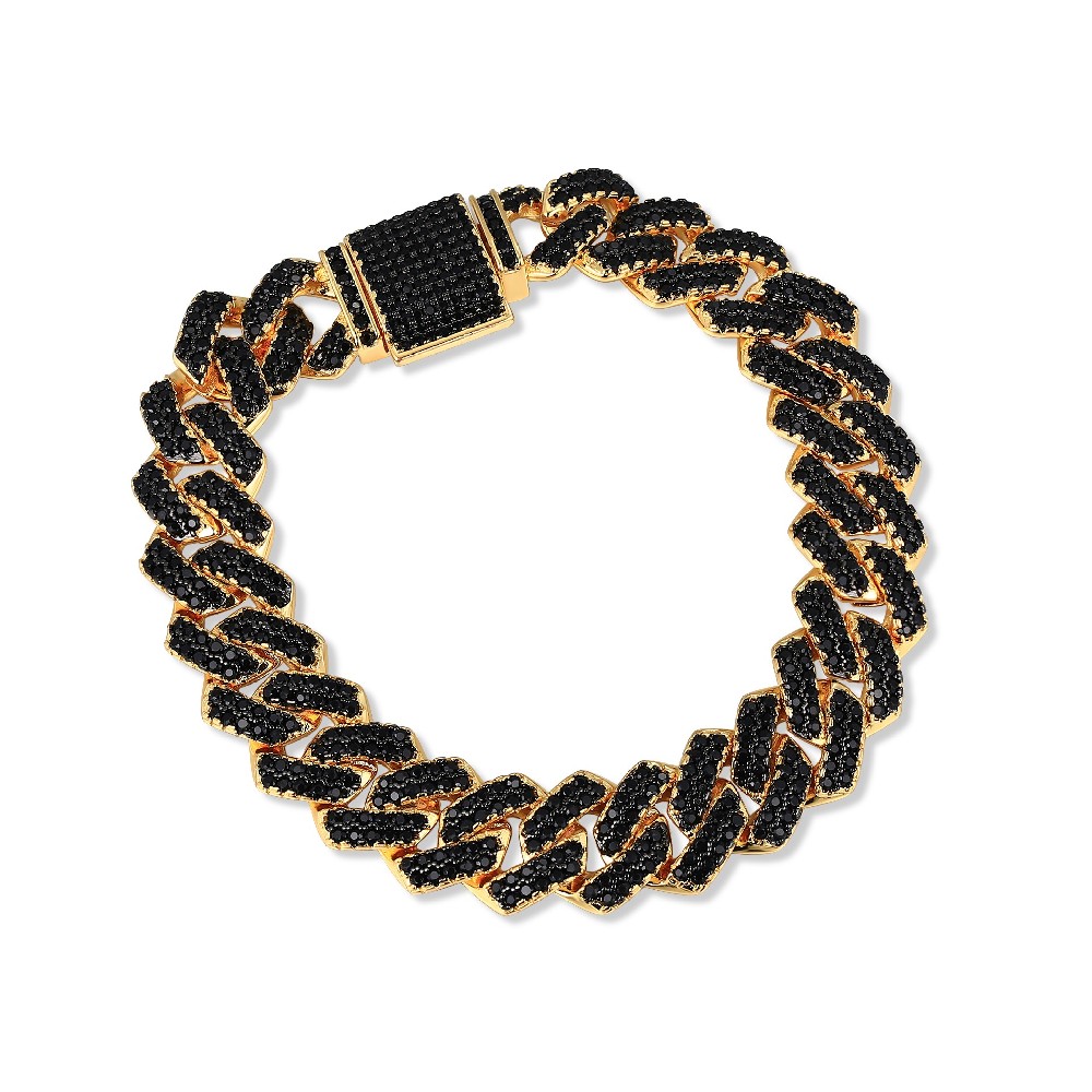 Gold Plated Color 925 Sterling Silver Hip Hop Black CZ Stone 14MM Men's Cuban Bracelet FJ026906H