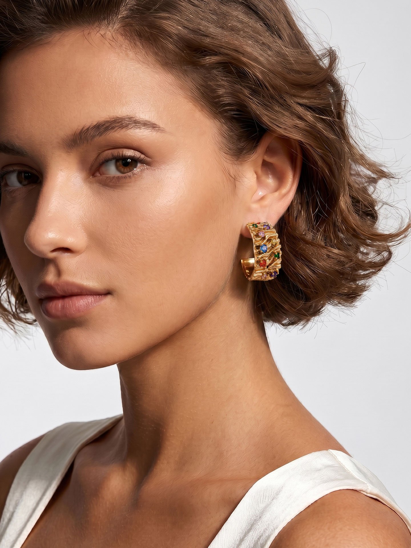 Irregularly patterned colored gemstone design hoop earrings for women
