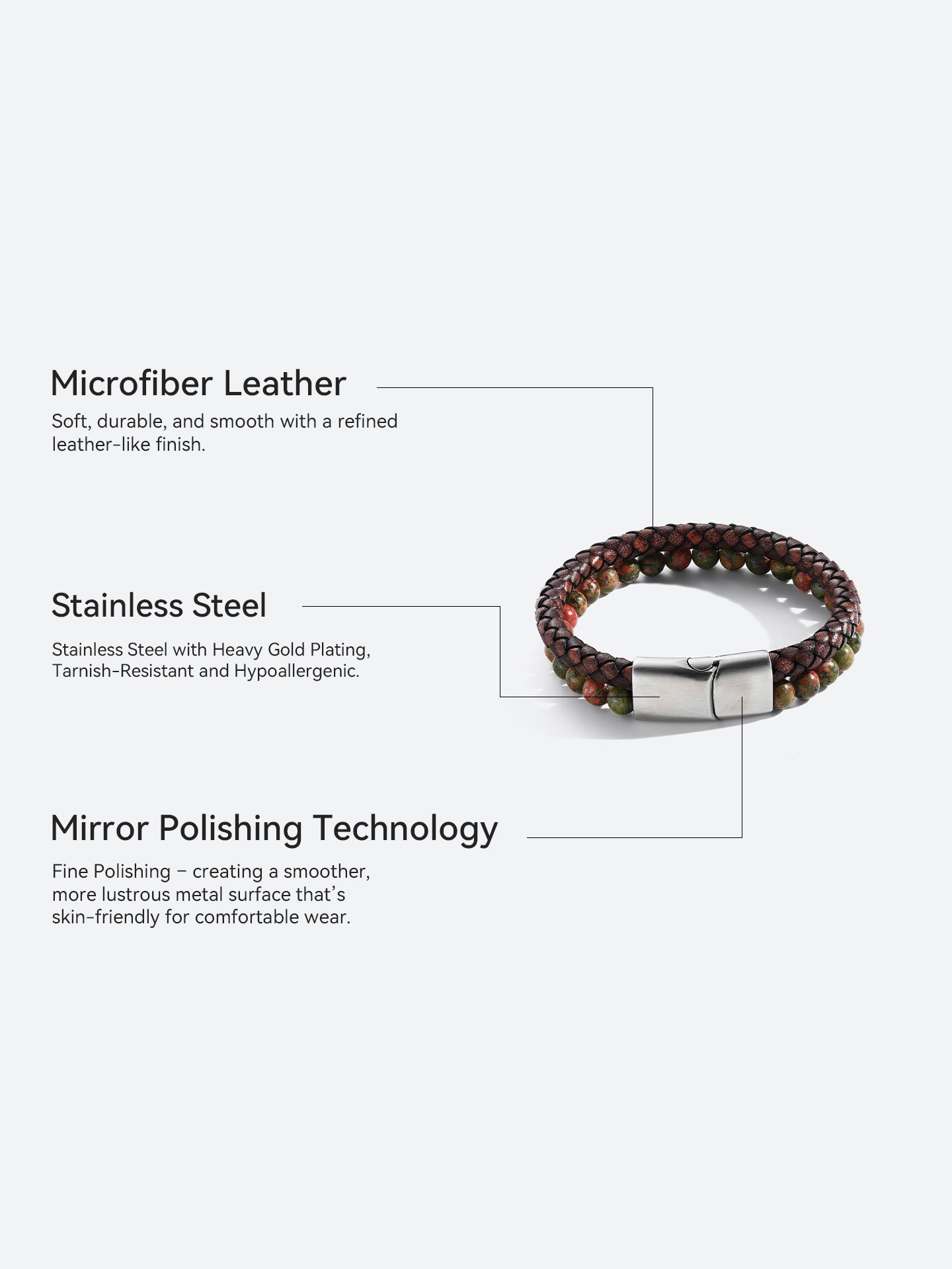 Men’s Unakite & Microfiber Leather Stainless Steel Bracelet – Bold & Rugged Style - Image 6