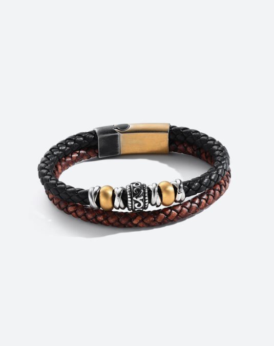 Men’s Genuine Leather Gold-Plated Stainless Steel Bracelet – Bold Masculine Design