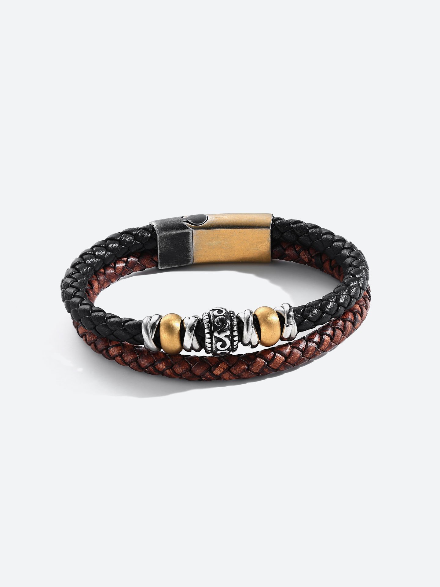 Men’s Genuine Leather Gold-Plated Stainless Steel Bracelet – Bold Masculine Design