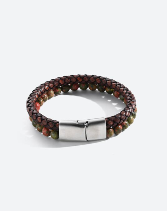 Men’s Unakite & Microfiber Leather Stainless Steel Bracelet – Bold & Rugged Style
