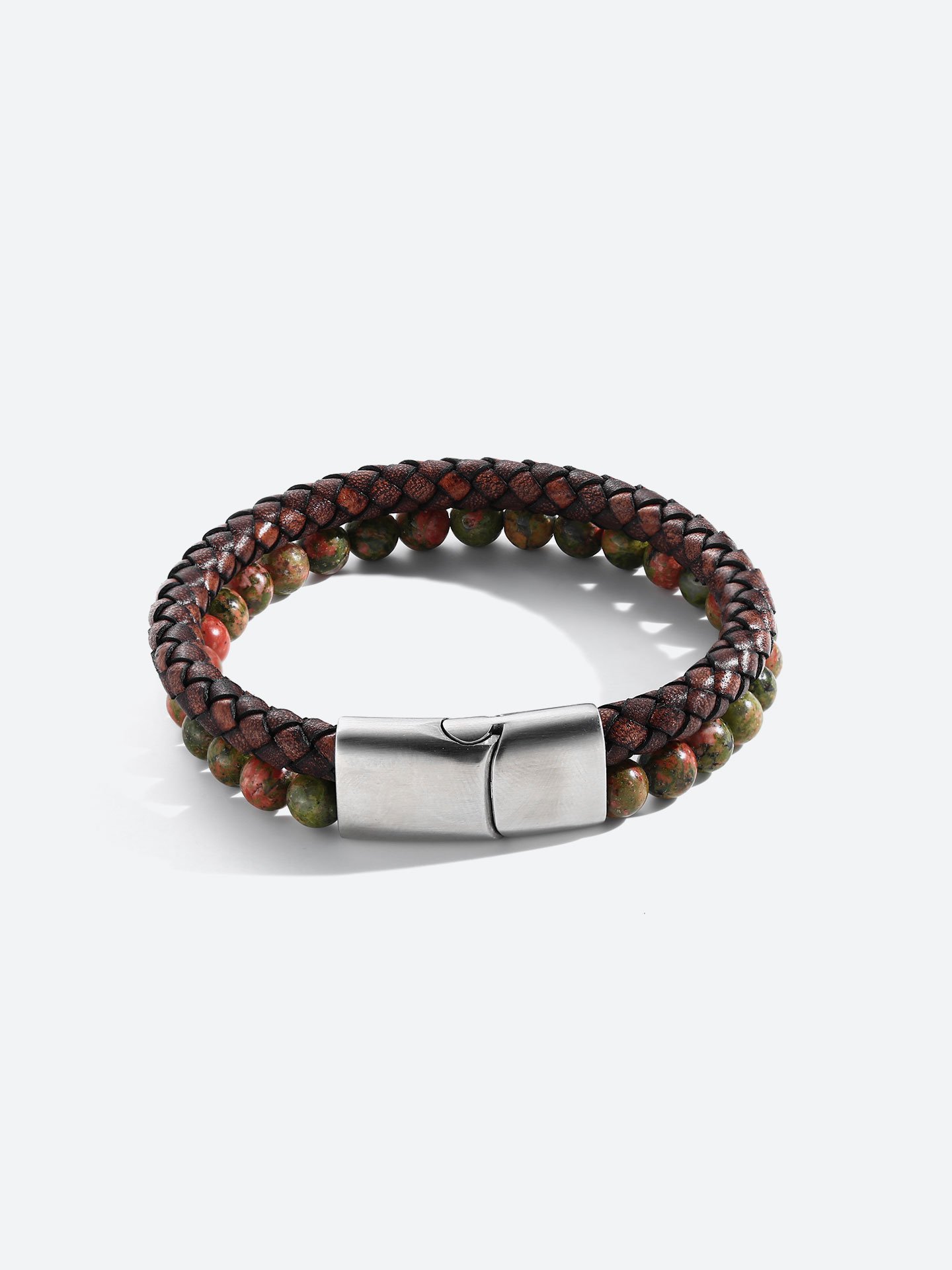 Men’s Unakite & Microfiber Leather Stainless Steel Bracelet – Bold & Rugged Style