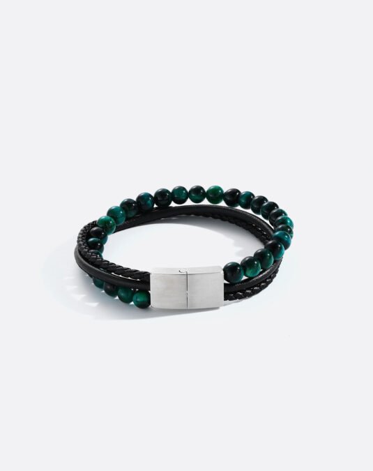 Green Tiger Eye & Microfiber Leather Stainless Steel Bracelet for Men