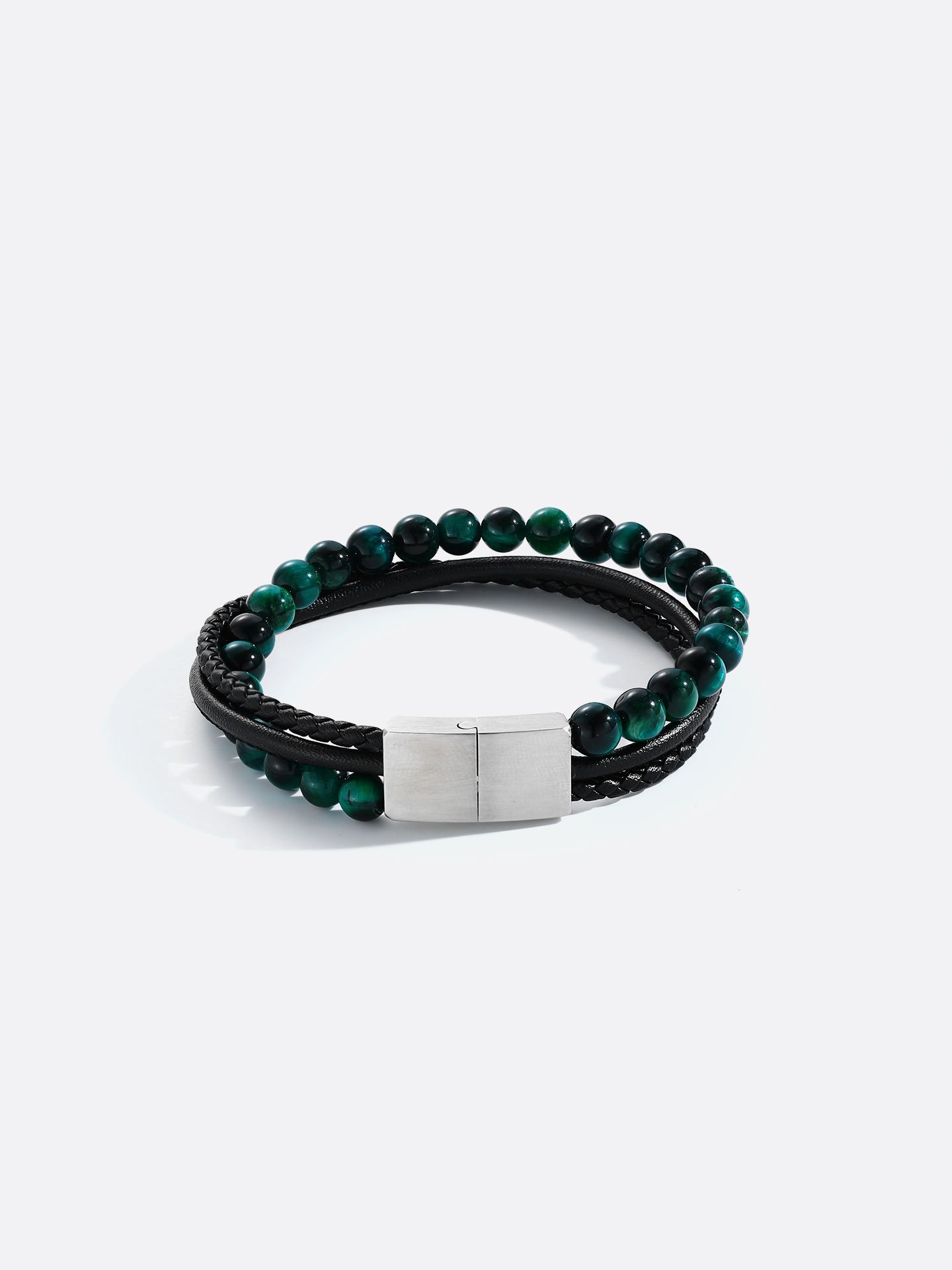 Green Tiger Eye & Microfiber Leather Stainless Steel Bracelet for Men
