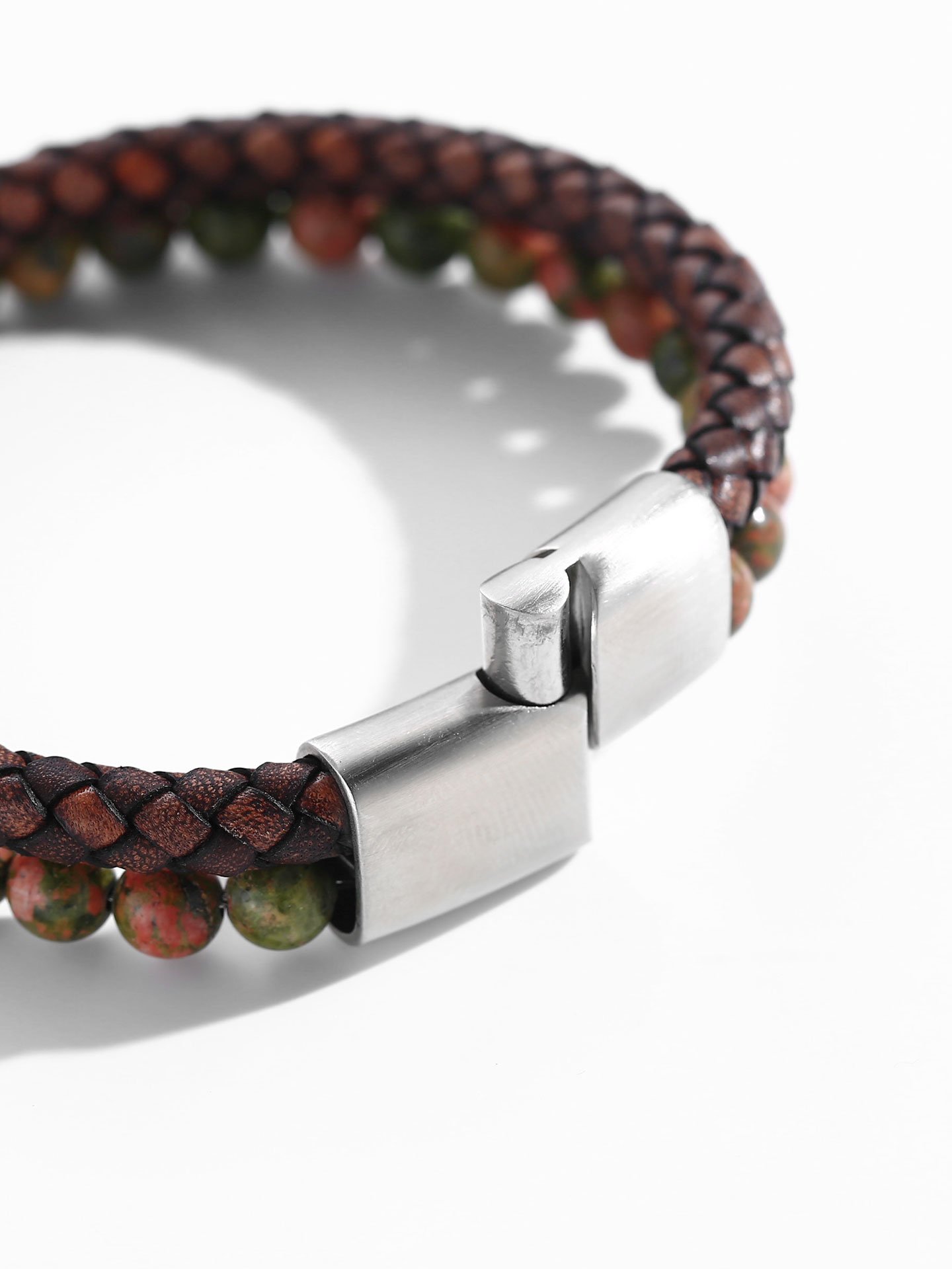 Men’s Unakite & Microfiber Leather Stainless Steel Bracelet – Bold & Rugged Style - Image 3