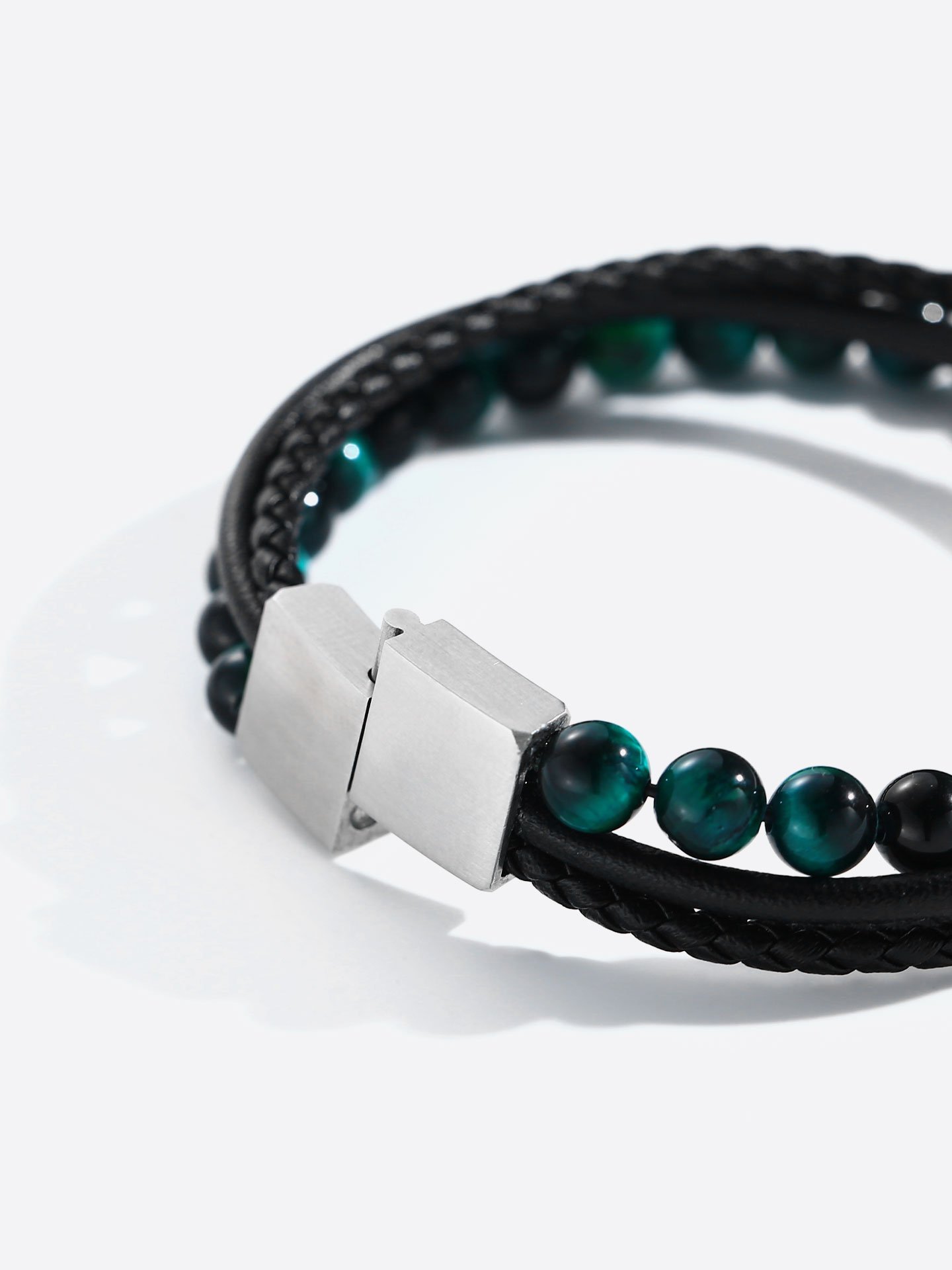 Green Tiger Eye & Microfiber Leather Stainless Steel Bracelet for Men - Image 3