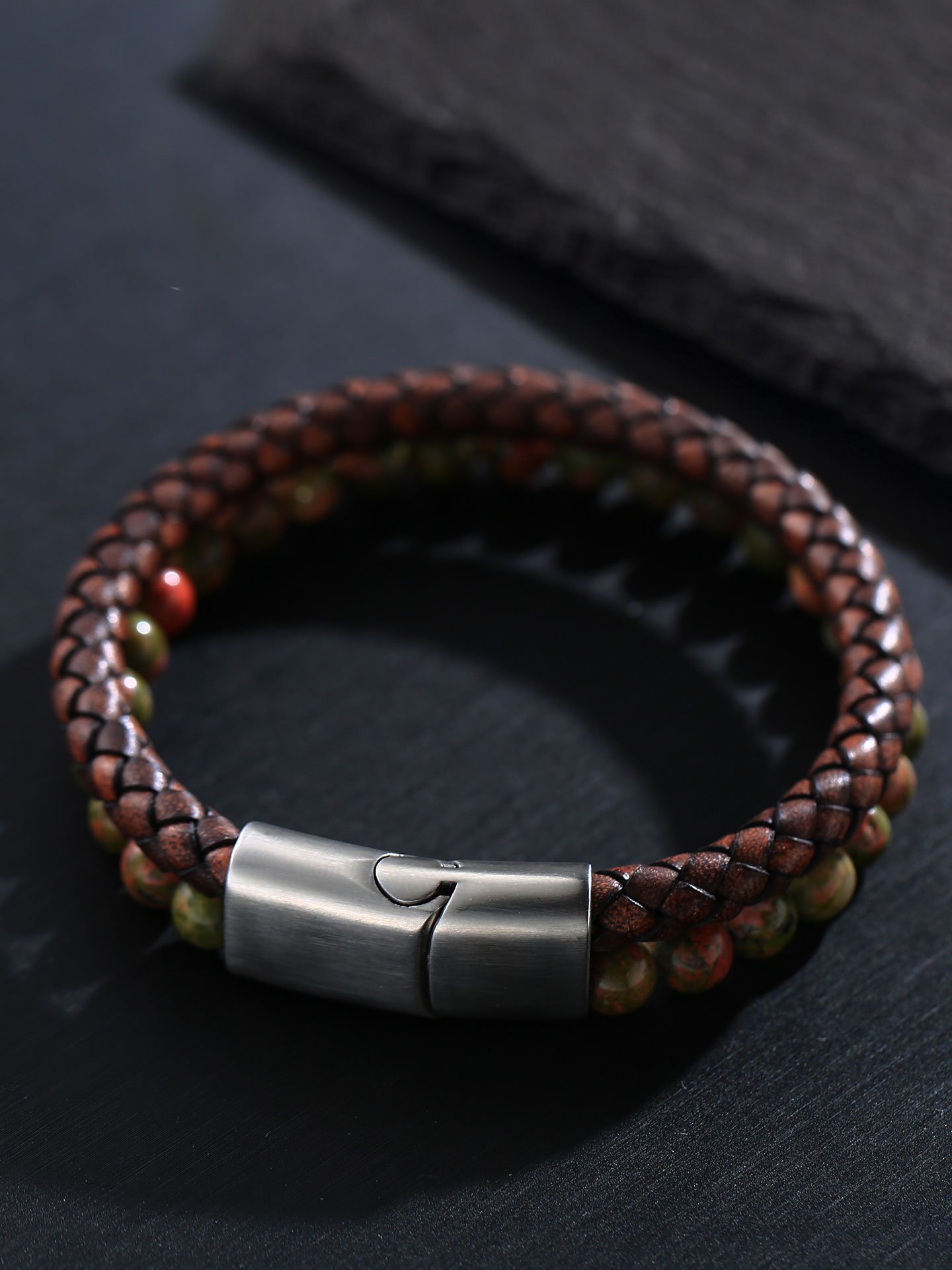 Men’s Unakite & Microfiber Leather Stainless Steel Bracelet – Bold & Rugged Style - Image 4
