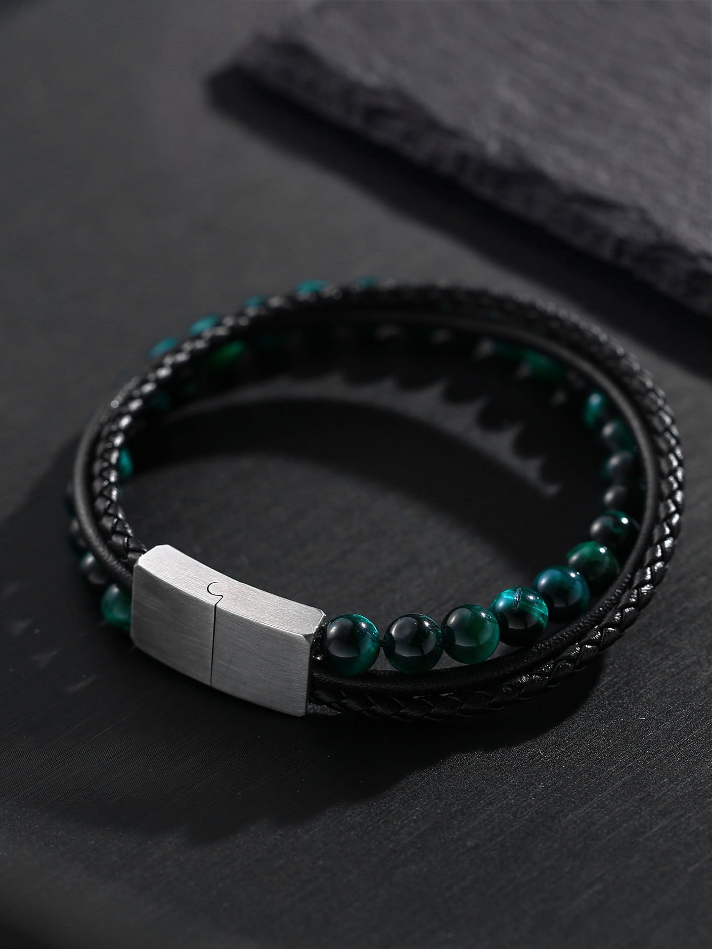 Green Tiger Eye & Microfiber Leather Stainless Steel Bracelet for Men - Image 4