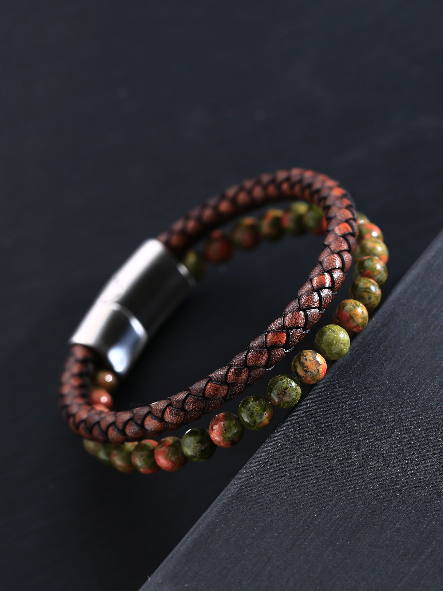 Men’s Unakite & Microfiber Leather Stainless Steel Bracelet – Bold & Rugged Style - Image 5