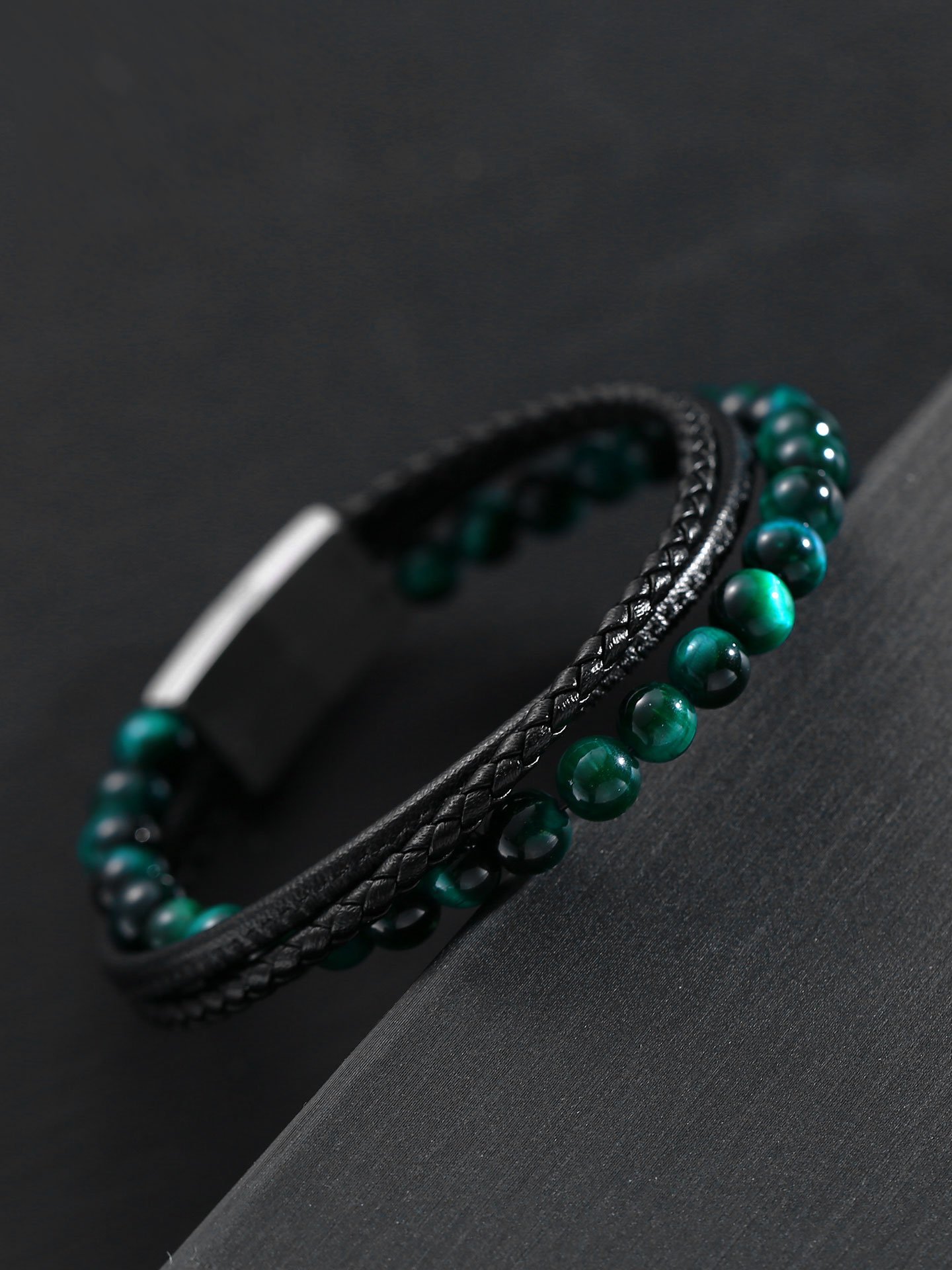 Green Tiger Eye & Microfiber Leather Stainless Steel Bracelet for Men - Image 5