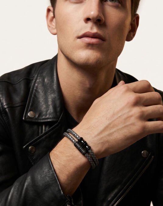 Men’s Microfiber Leather & Stainless Steel Bracelet – Bold Masculine Style