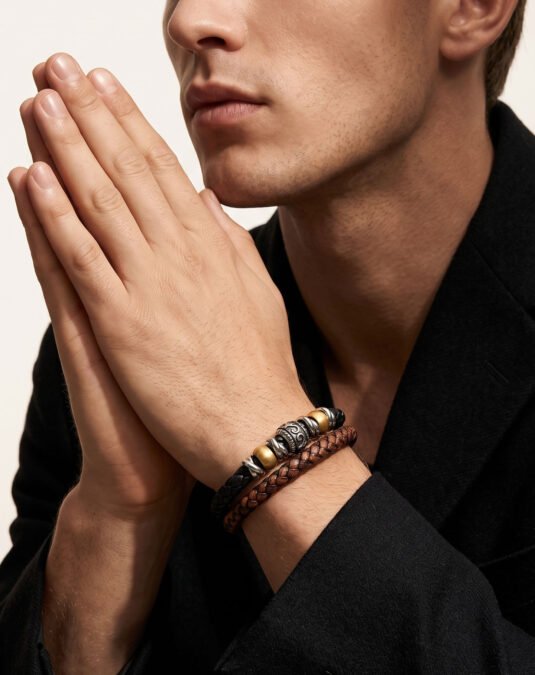 Men’s Genuine Leather Gold-Plated Stainless Steel Bracelet – Bold Masculine Design