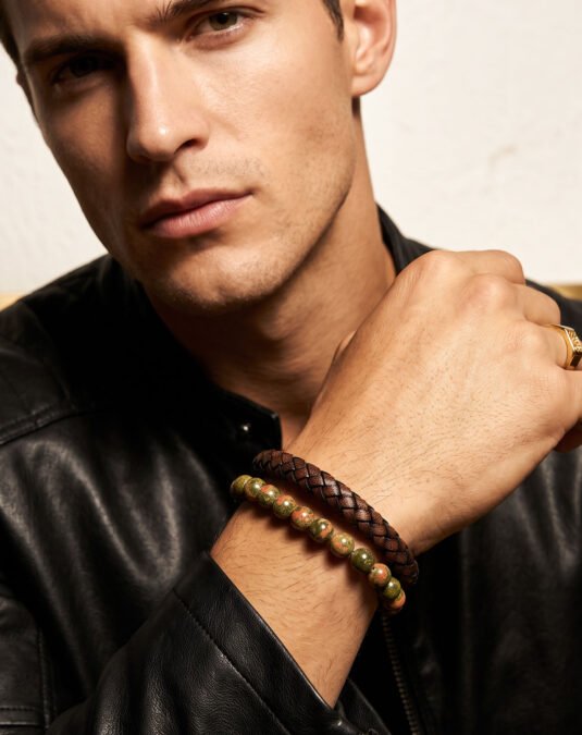 Men’s Unakite & Microfiber Leather Stainless Steel Bracelet – Bold & Rugged Style