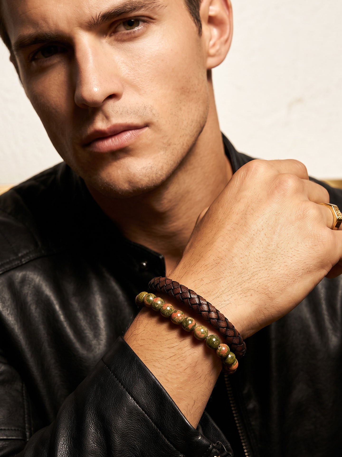 Men’s Unakite & Microfiber Leather Stainless Steel Bracelet – Bold & Rugged Style - Image 1