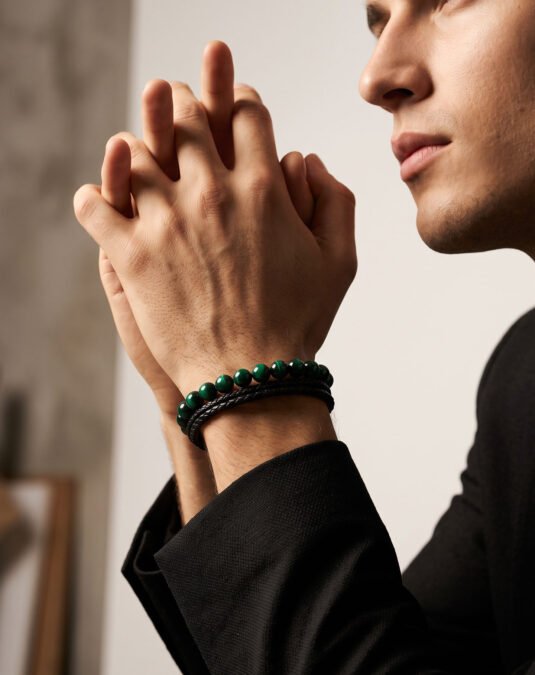 Green Tiger Eye & Microfiber Leather Stainless Steel Bracelet for Men
