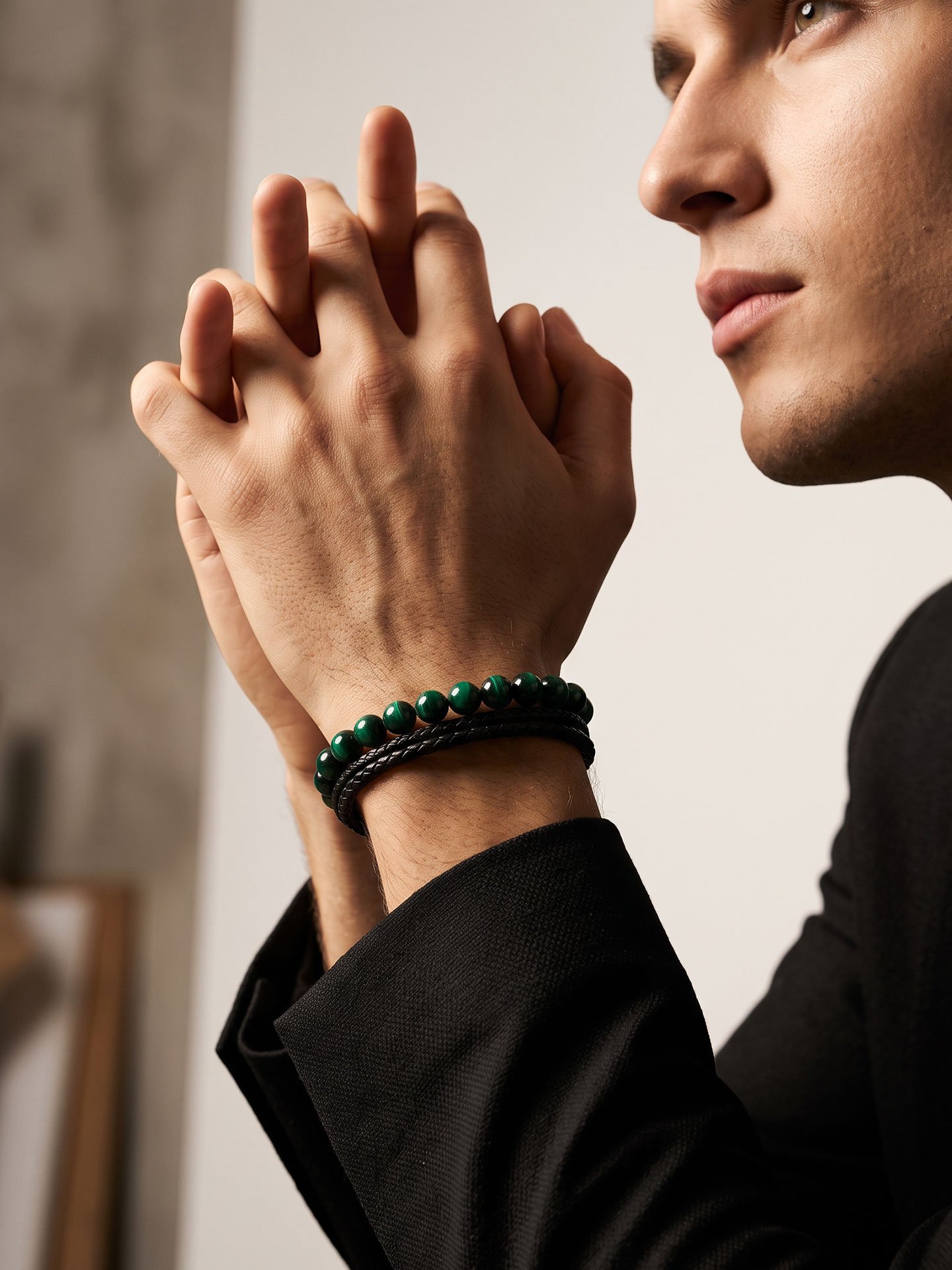 Green Tiger Eye & Microfiber Leather Stainless Steel Bracelet for Men - Image 1