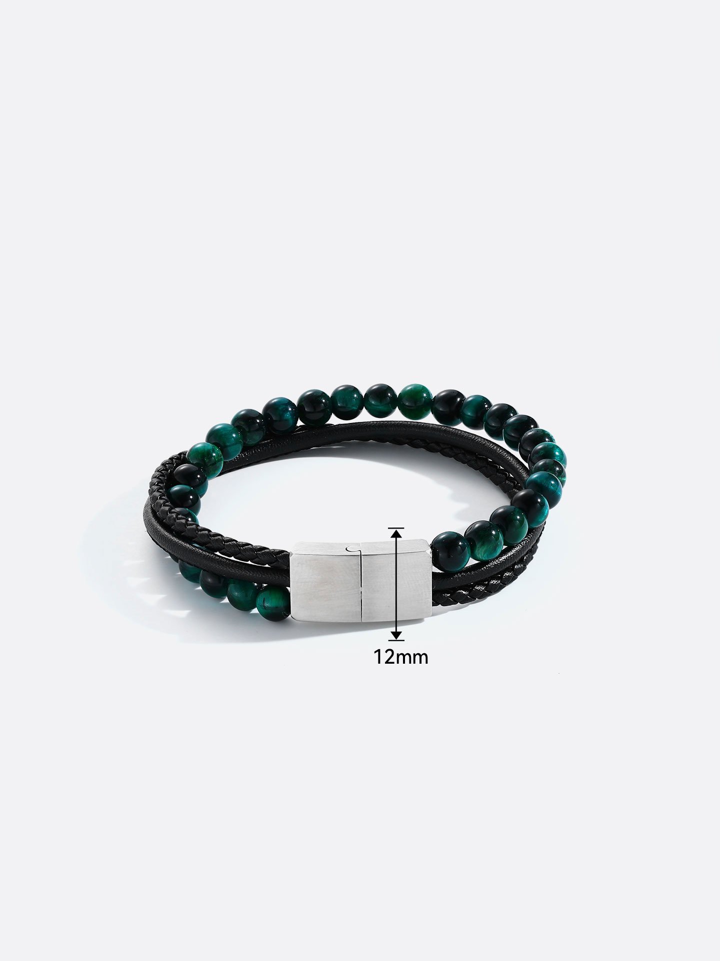 Green Tiger Eye & Microfiber Leather Stainless Steel Bracelet for Men - Image 6
