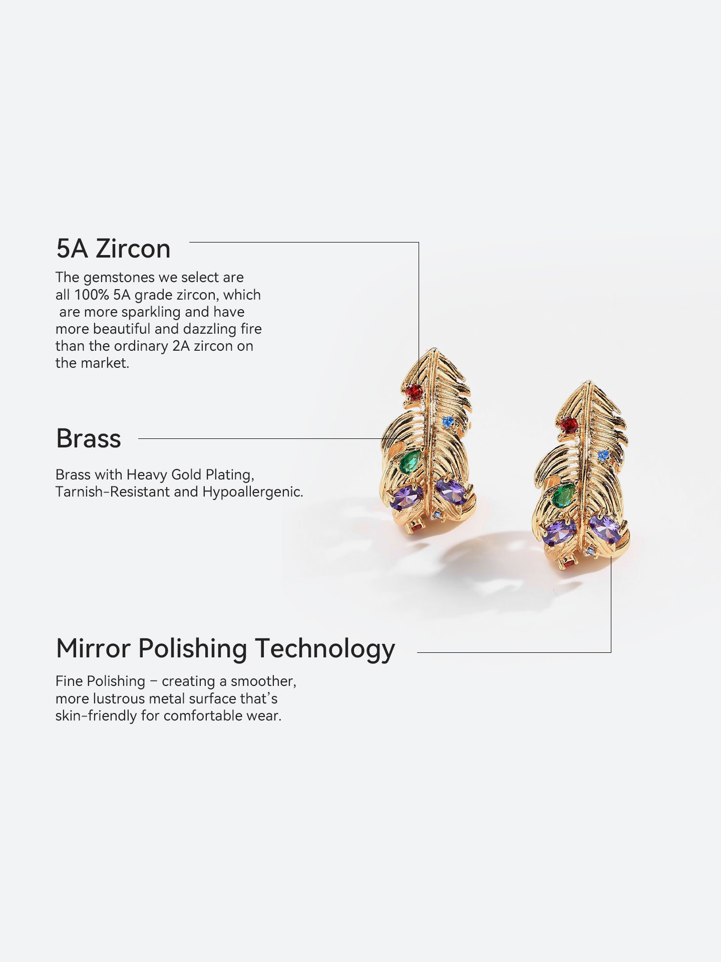 Elegant 18K Gold Plated Brass Feather Hoop Earrings for Women with Sparkling Zircon Stones and Customizable Party Design - Image 6
