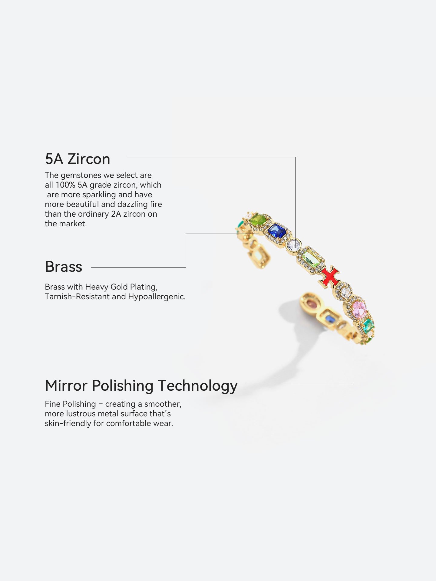 Gold Plated Brass Colorful Zircon Oil Drip Open Cuff Bracelet for Women - Image 8