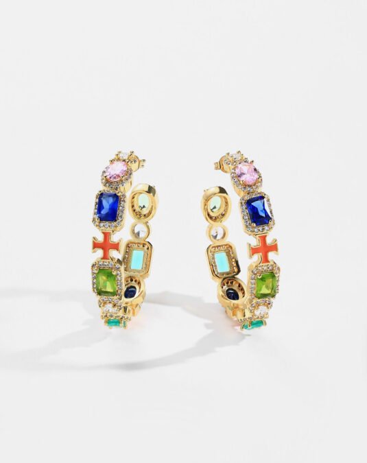 Luxury 18K Gold Plated Brass Colorful Zircon Stud Hoop Earrings for Women – Elegant Statement Jewelry