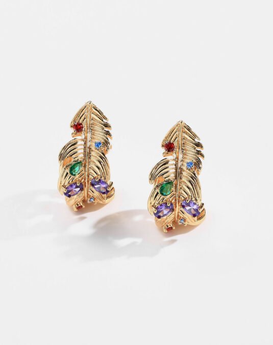 Elegant 18K Gold Plated Brass Feather Hoop Earrings for Women with Sparkling Zircon Stones and Customizable Party Design