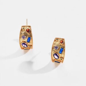 Elegant 18K Gold Plated Brass Vintage Hoop Earrings for Women with Colorful Zircon Stones and Custom Jewelry Manufacturing Design