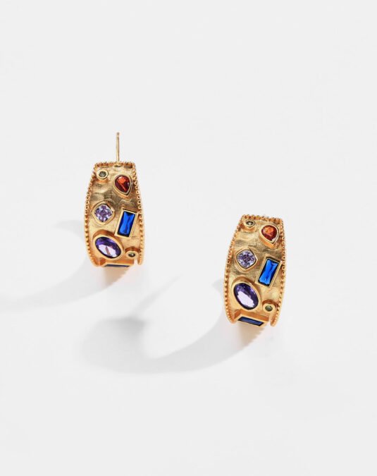 Elegant 18K Gold Plated Brass Vintage Hoop Earrings for Women with Colorful Zircon Stones and Custom Jewelry Manufacturing Design