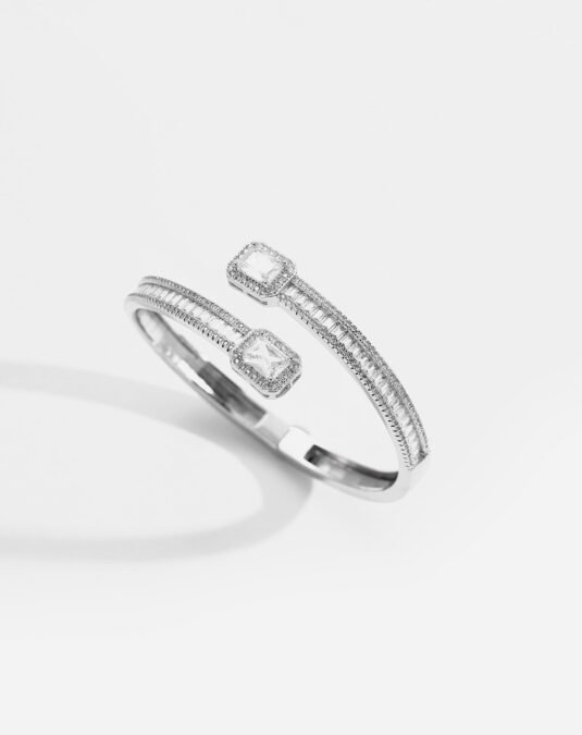 Luxury White Gold Plated Brass Open Cuff Bracelet for Women with Full Pavé Zircon Stones and Adjustable Design