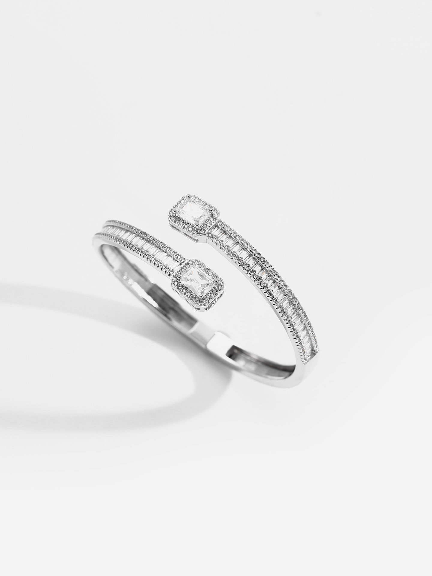 Luxury White Gold Plated Brass Open Cuff Bracelet for Women with Full Pavé Zircon Stones and Adjustable Design