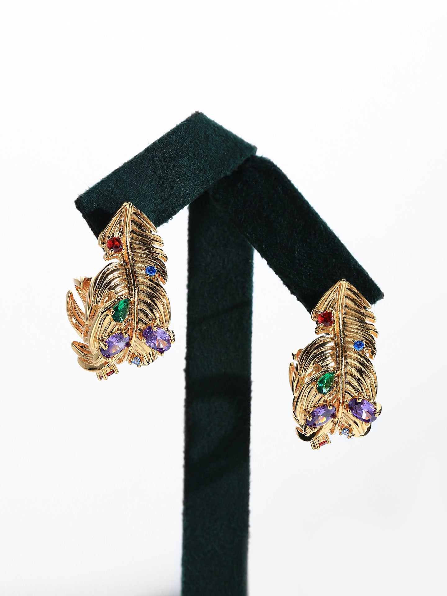Elegant 18K Gold Plated Brass Feather Hoop Earrings for Women with Sparkling Zircon Stones and Customizable Party Design - Image 5