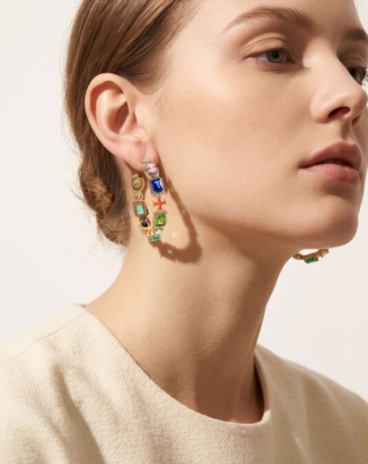 Luxury 18K Gold Plated Brass Colorful Zircon Stud Hoop Earrings for Women – Elegant Statement Jewelry
