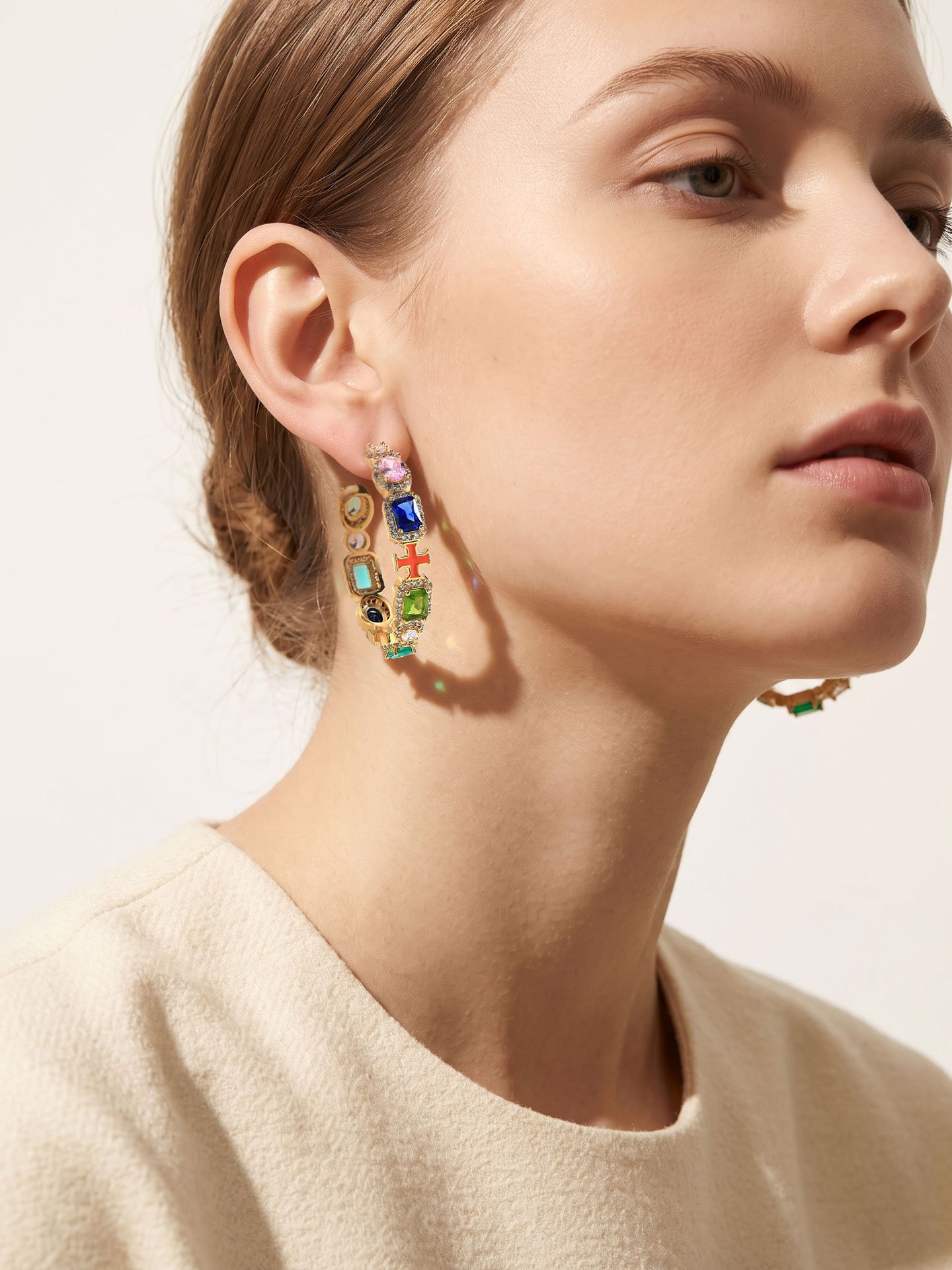 Luxury 18K Gold Plated Brass Colorful Zircon Stud Hoop Earrings for Women – Elegant Statement Jewelry - Image 1